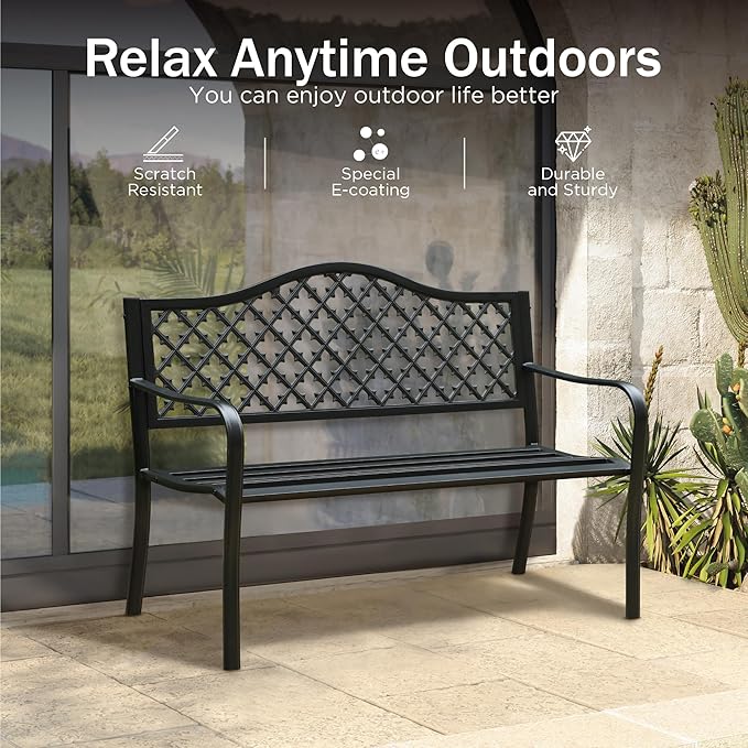 PHI VILLA 50" Outdoor Garden Patio Metal Bench for Outdoors with Plastic Backrest Armrests Sturdy Steel Frame, Black - Photo 3