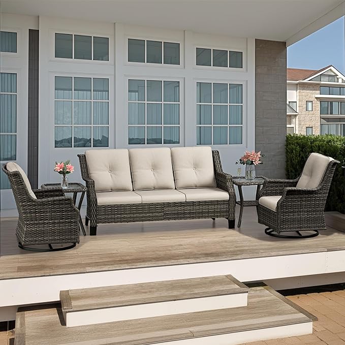 5 Piece Patio Furniture Set, 3-Seater Couch, 2 Swivel Glider Chairs and 2 Side Tables - Photo 1
