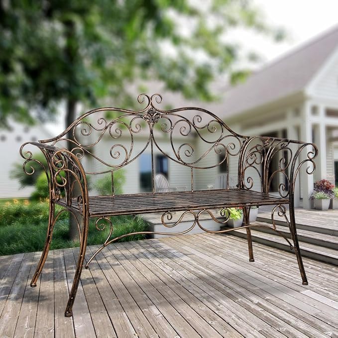 52 in Garden Bench,Cast Iron Outdoor Benches Metal Frame Patio Park Bench for Outside, Front Porch, Park, Lawn, Yard,Backyard and Balcony, Bronze