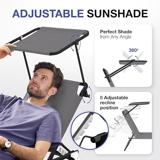 Folding Outdoor Lounge Chair Set of 2 with Adjustable Shade Canopy, Portable Sun Tanning Chairs, Gray (1, Grey)