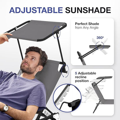 Folding Outdoor Lounge Chair Set of 2 with Adjustable Shade Canopy, Portable Sun Tanning Chairs, Gray (1, Grey)