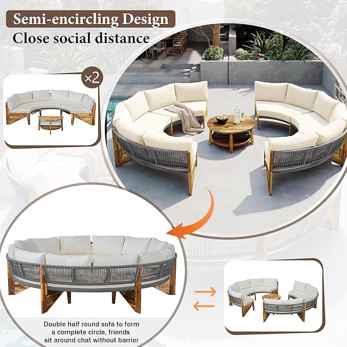 Quarte Outdoor Acacia Wood Round Sofa Set, Half-Moon Sectional Sets with Coffee Table, 6-Person Seating Group for Garden - Photo 4