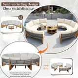 Quarte Outdoor Acacia Wood Round Sofa Set, Half-Moon Sectional Sets with Coffee Table, 6-Person Seating Group for Garden - Photo 4