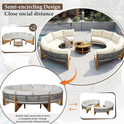 Quarte Outdoor Acacia Wood Round Sofa Set, Half-Moon Sectional Sets with Coffee Table,6-Person Seating Group for Garden, Deck (Beige/Half-Moon*A)