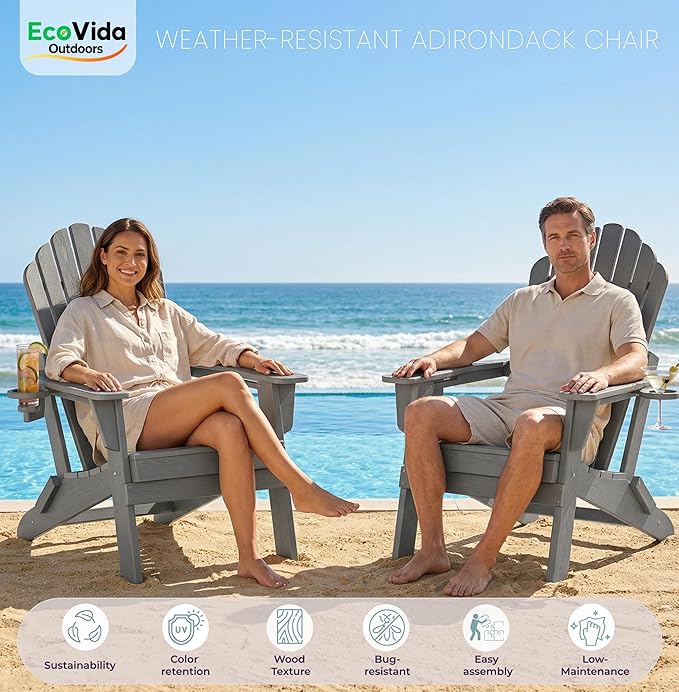 Oversized Adirondack Chair with Dual Cup Holders, Ergonomic High Back HDPE Fire Pit Chair, 380lbs Capacity All-Weather Outdoor Patio Lounge Chair for Garden, Deck, Yard - Grey