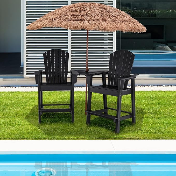 Giantex Tall Adirondack Chair Set of 2 - Outdoor HDPE Barstools w/Middle Connecting Tray & Umbrella Hole, Counter Height Bar Chair, Weather Resistant, Ideal for Patio, Backyard, Poolside (Black)
