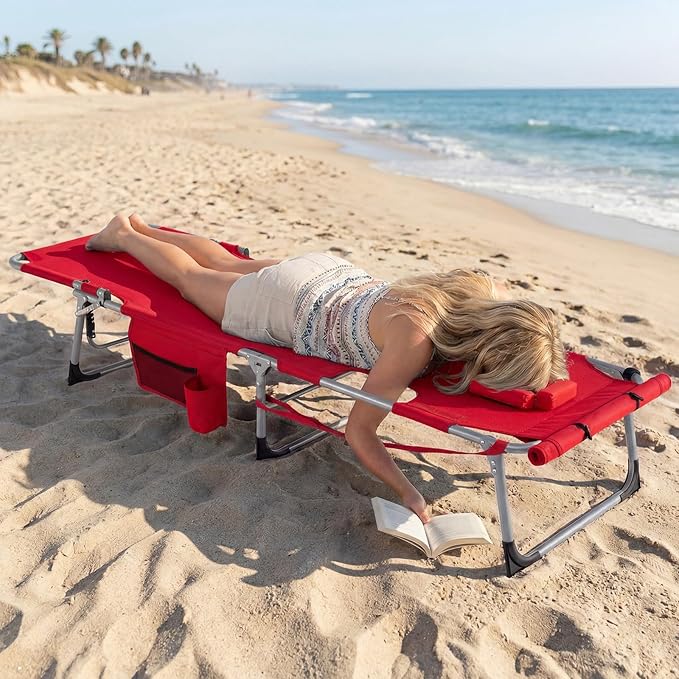 Goplus Tanning Chair with Face Arm Holes, Portable Sunbathing Chair w/4-Level Backrest, Head Pillow - Photo 2