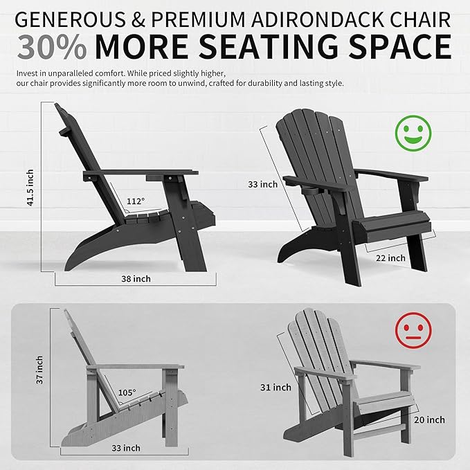 Psilvam Adirondack Chair, Oversized Poly Lumber Fire Pit Chair with Cup Holder, 350Lbs Support Patio Chairs for Garden, Weather Resistant Outdoors Seating, Relaxing Gift for Father & Mother (4, Black)