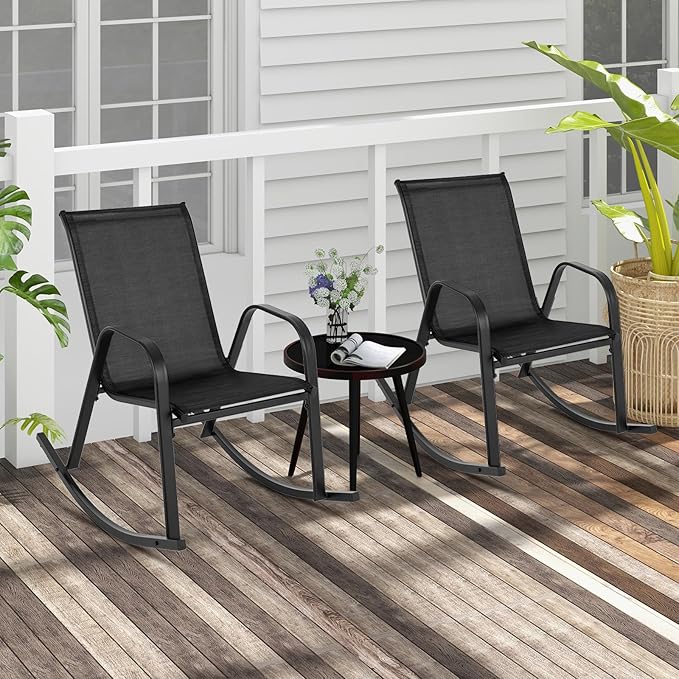 Giantex Outdoor Rocking Chairs Set of 2, Patio Rocking Chairs w/Breathable Seat & Back, Heavy-Duty Metal Support, Ergonomic Outside Rocker for Backyard, Poolside, Garden (1, Black)