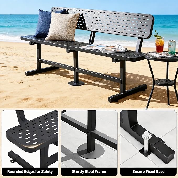 DWVO Heavy Duty Park Bench for Outside 6ft Metal with Backrest Weatherproof Coated Steel Commercial Grade Furniture Set Industrial Mesh Design for Garden Patio Public Areas