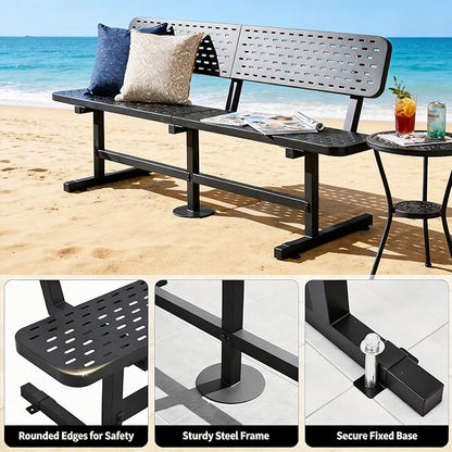 DWVO Heavy Duty Park Bench for Outside 6ft Metal with Backrest Weatherproof Coated Steel Commercial Grade Furniture Set Industrial Mesh Design for Garden Patio Public Areas