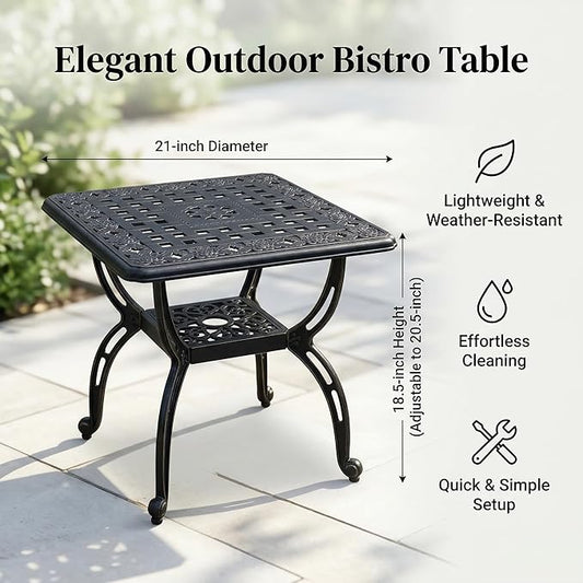 Square Outdoor Coffee Table Set of 2, Cast Aluminum Side Table with Storage,Indoor End Table, All-Weather Bistro Table for Patio Garden Lawn, Black