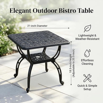 Square Outdoor Coffee Table, Cast Aluminum Side Table with Storage,Indoor End Table, All-Weather Bistro Table for Patio Garden Lawn,Black