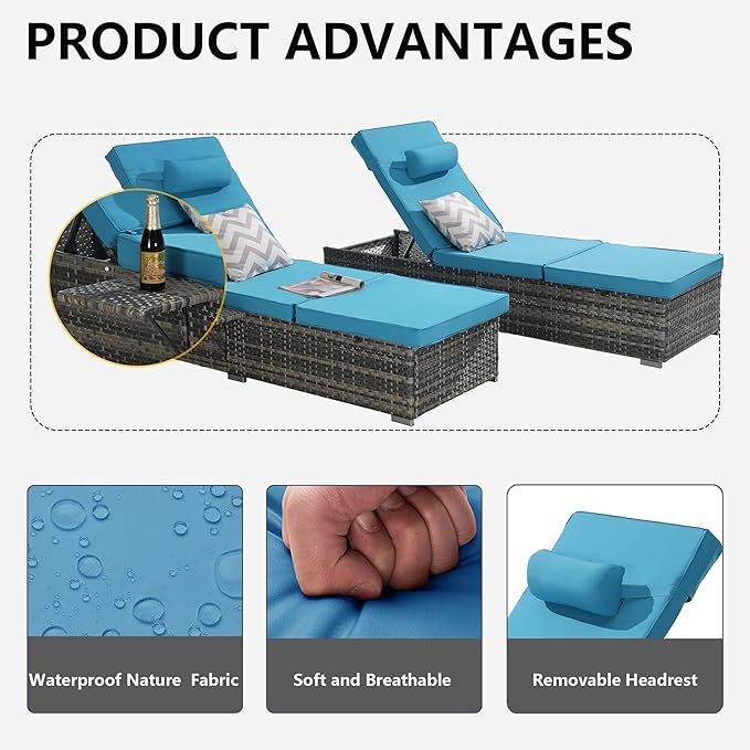 Outdoor Chaise Lounge Chair Set of 2 Wicker Pool Lounge Chairs Tanning Lounges for Outside Lawn Sunbathing Chairs with - Photo 6