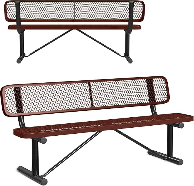 Leisure Craft Metal Outdoor Bench with Back - 6 Foot Heavy Duty Bench Seating for Garden, Porch, Picnic, Park, Expanded Metal, Thermoplastic Coating, Commercial Grade Furniture Made in USA - Brown