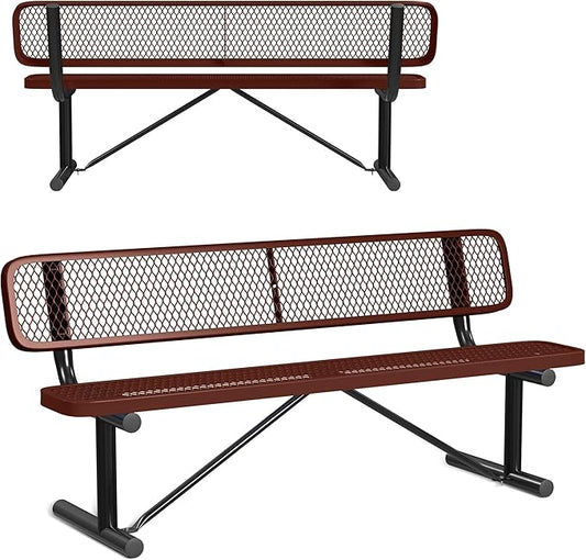 Leisure Craft Metal Outdoor Bench with Back - 6 Foot Heavy Duty Bench Seating for Garden, Porch, Picnic, Park, Expanded Metal, Thermoplastic Coating, Commercial Grade Furniture Made in USA - Brown