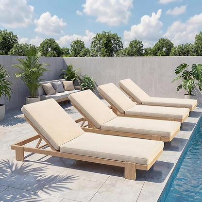 Christopher Knight Home Duska Acacia Wood Chaise Lounge Chair Set of 4, Patio Outdoor Chaise Lounge with Cushions, Adjustable Backrest Single Lounge Sofa, Garden Poolside Backyard Seating, Teak+Beige
