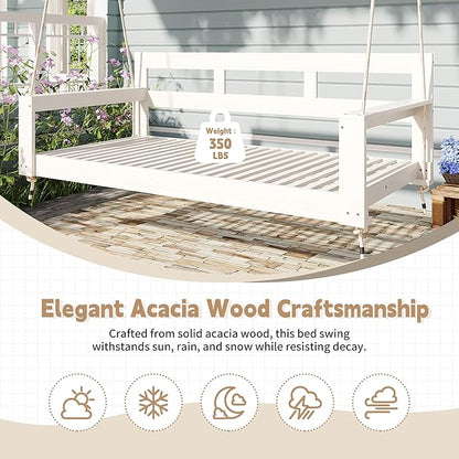 Merax Patio Wooden Twin Size Porch Swing Daybed Frame, Farmhouse Swing Bench Chair with 4 Hanging Ropes for Backyard, Garden, Outdoor, White