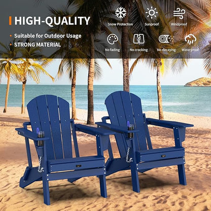 VINGLI Plastic Adirondack Chairs Set of 4, Folding with Cup Holder, Waterproof HDPE Material, Comfortable 380lb Weight Capacity for Outdoor Pool Patio Lounge Chair Lawn Furniture Firepit (Navy Blue)