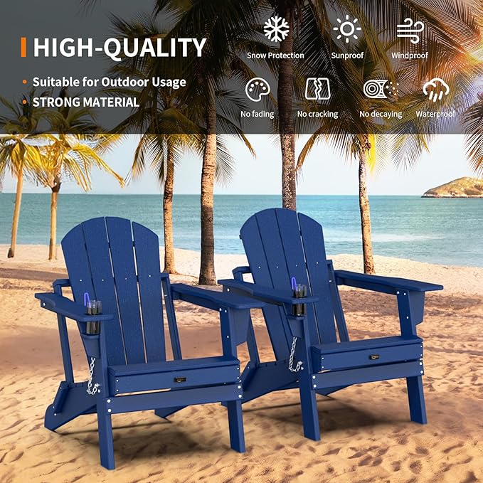 VINGLI Plastic Adirondack Chairs, Folding with Cup Holder, Waterproof HDPE Material, Comfortable 380lb Weight Capacity for Outdoor Pool Patio Lounge Chair Lawn Furniture Firepit (Navy Blue)