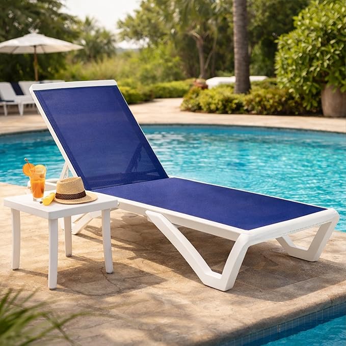 Kozyard Outdoor Chaise Lounge Chair, Full Flat Adjustable Patio Lounger with Aluminum Frame & Resin Legs, Textilene Fabric for Poolside, Backyard & Beach (NavyBlue, Chair with Table)