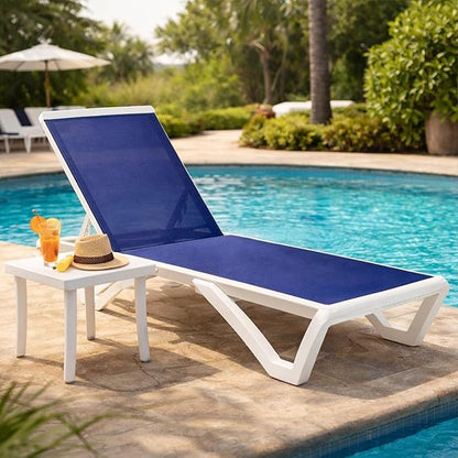 Kozyard Outdoor Chaise Lounge Chair, Full Flat Adjustable Patio Lounger with Aluminum Frame & Resin Legs, Textilene Fabric for Poolside, Backyard & Beach (NavyBlue, Chair with Table)