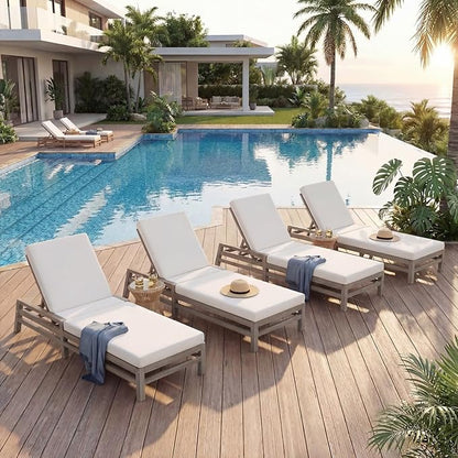 Outdoor Chaise Lounge Chair Set of 4, Patio Chaise Lounge Recliner with Adjustable Backrest, Acacia Wood Poolside Chaise Lounge with Thick All-Weather Cushions for Patio, Deck and Backyard(A)