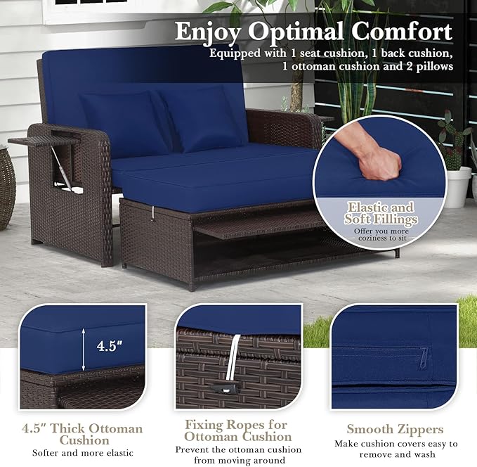COSTWAY Patio Rattan Daybed with Cushions, Outdoor Wicker Loveseat Sofa with Storage Ottoman - Photo 7