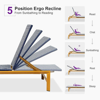 PURPLE LEAF Patio Chaise Lounge French Outdoor Lounger 1 Piece Wood-Grain Finish Aluminum Wicker Lounge Chair with Adjustable Backrest for Pool Garden Beach and Backyard White and Navy