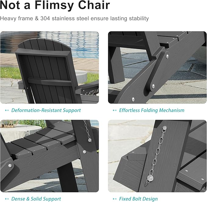 HDPE Foldable Adirondack Outdoor Chair Set of 2 with Cup Holder, Weather Resistant Heavy-Duty Patio Chair for Patio, Backyard, Deck, Fire Pit, Lawn and Porch, Grey
