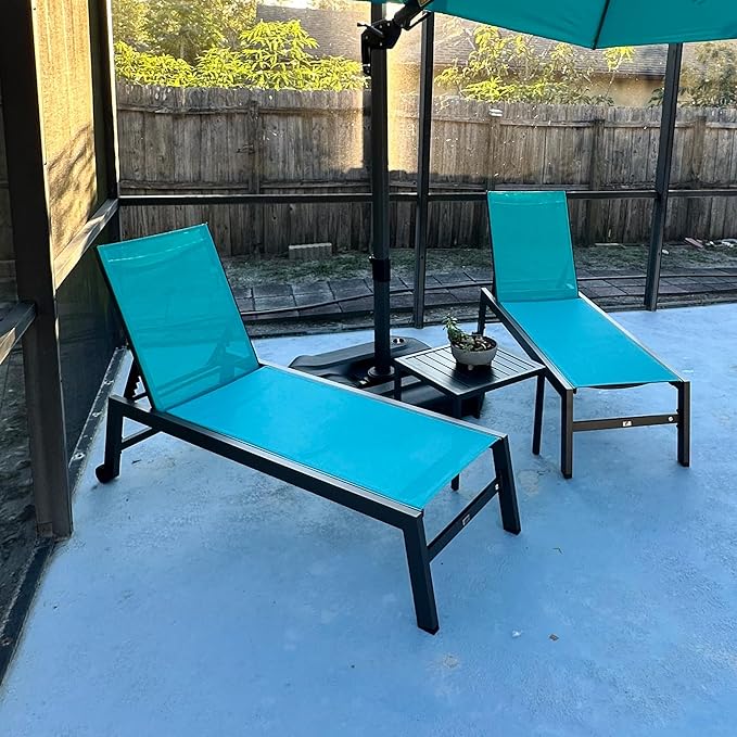 PURPLE LEAF Outdoor Patio Chaise Lounge Set 2 Pieces Pool Lounge Sunbathing Chairs with Wheels Chair for Yard (2 Turquoise Blue Lounges W/Side Table)
