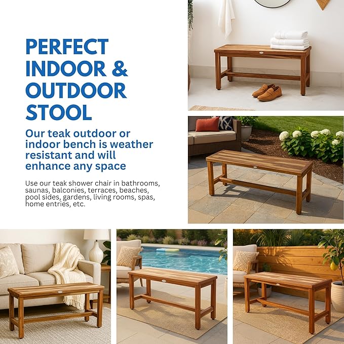 Decoteak EcoDecors Eleganto 47 Inch Natural Color Waterproof Teak Wood Shower Bench Stool Seat Chair for Inside Shower Provides Safety, Storage, and Organization for Bathroom Accessories