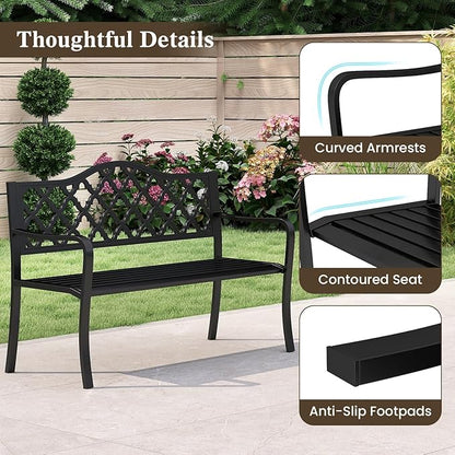 Tangkula 50.5” Metal Outdoor Park Bench, Slatted Patio Garden Bench for 2-3 People, Park-Style Loveseat with Curved Armrests, Heavy-Duty Outdoor Seating for Backyard, Lawn, Porch