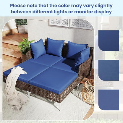 Tangkula Outdoor Rattan Double Daybed, Boho Wicker Chaise Lounge for 2 with Seat & Back Cushions, Outdoor Sunbed Loveseat with Metal Support for Backyard, Poolside & Deck (Navy)