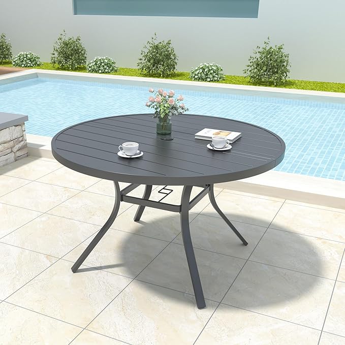 Round Outdoor Dining Table, 48 Inch All-Weather Patio Table with Adjustable Umbrella Hole for Deck Lawn Garden Backyard - Photo 2