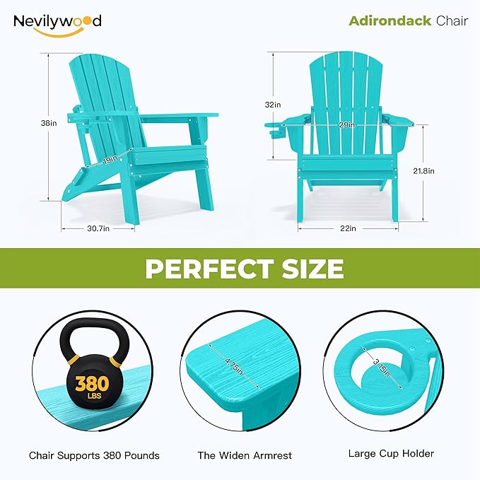 nevilywood HDPE Foldable Adirondack Chairs Set of 2, Waterproof All-Weather Outdoor Design, for Fire Pit, Patio & Beach - Photo 2