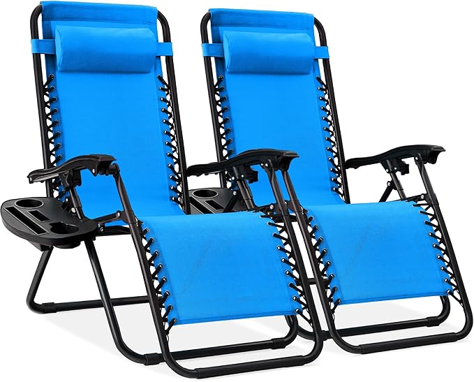 Best Choice Products Set of 2 Adjustable Steel Mesh Zero Gravity Lounge Chair Recliners w/Pillows and Cup Holder Trays - Photo 1