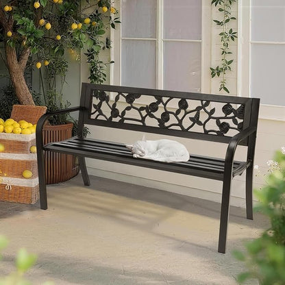 VINGLI Outdoor Metal Bench w/PVC Back - All Weather Resistant Black Garden Patio Bench for Entryway Front Porch Entryway Decor Deck (Black, Rose)