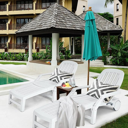 Tangkula Outdoor Chaise Lounge Chair, 5-Position Adjustable Recliner with Storage Box and Flexible Wheels, All-Weather Folding Patio Lounge Chair for Poolside, Beach and Backyard (2, White)