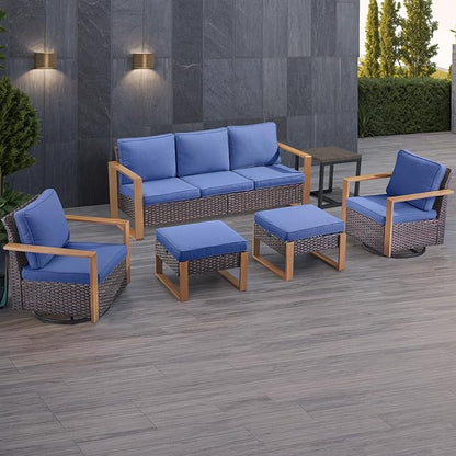 Rilyson Outdoor Wicker Patio Furniture Set - 6 Piece Patio Conversation Set with 2 Wicker Swivel Rocker Chairs,2 Rattan Ottoman,1 Side Table and 1 Couch,Thick Cushions,Deep Seating(Brown/Blue)