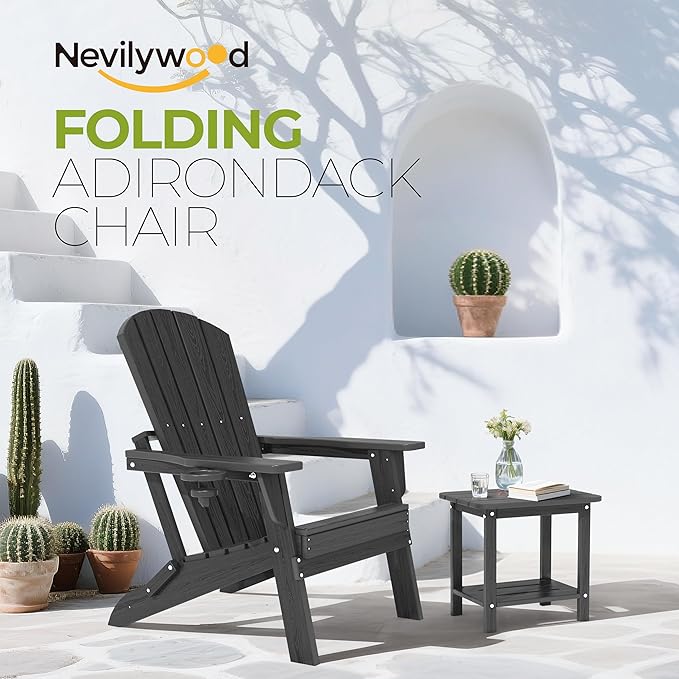 nevilywood HDPE Folding Adirondack Chair Set of 2,Waterproof All-Weather Outdoor Design with Cup Holder,Suitable for Patio for Fire Pit, Patio & Beach, Black