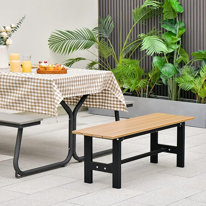 Giantex 2-Person Outdoor Bench Seat - Backless Patio Garden Bench, 47” Weatherproof Outside Chair with Slatted Seat, Metal Frame, 660 LBS Capacity, Dining Bench Chair for Yard, Park, Balcony, Brown