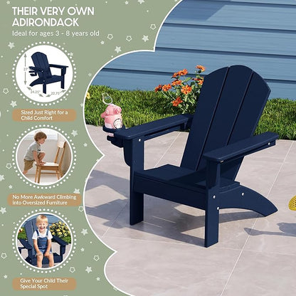 WestinTrends Malibu 3-Piece Kids HDPE Adirondack Chairs Set with Square Side Table and Cup Holders, Navy Blue