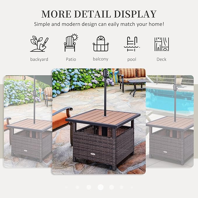 Outsunny 22" Outdoor Side Table with Umbrella Hole, Rattan Wicker End Table with Sand Bag and Steel Frame for Outdoor, Patio, Garden, Backyard, Brown & Light Yellow