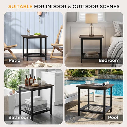 2-Tier Outdoor Side Table with Storage, Weather Resistant Patio End Table, HDPS Small Accent Table for Deck, Garden, Pool, Backyard, Brown