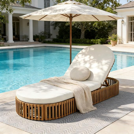 Merax Acacia Wood Chaise Lounge with Curved Cushion, Outdoor Sun Lounger for Patio, Poolside and Garden, Teak Finish Wood Recliner, 80.8" L, Supports 300 lbs, Cream