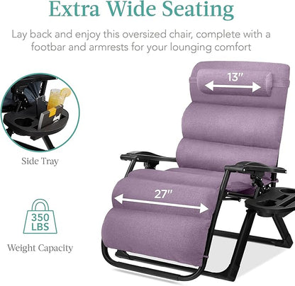 Best Choice Products Oversized Zero Gravity Chair, Folding Outdoor Patio Recliner, XL Anti Gravity Lounger w/Removable Cushion, Cup Holder, Side Tray, 350lb Capacity - Lavender