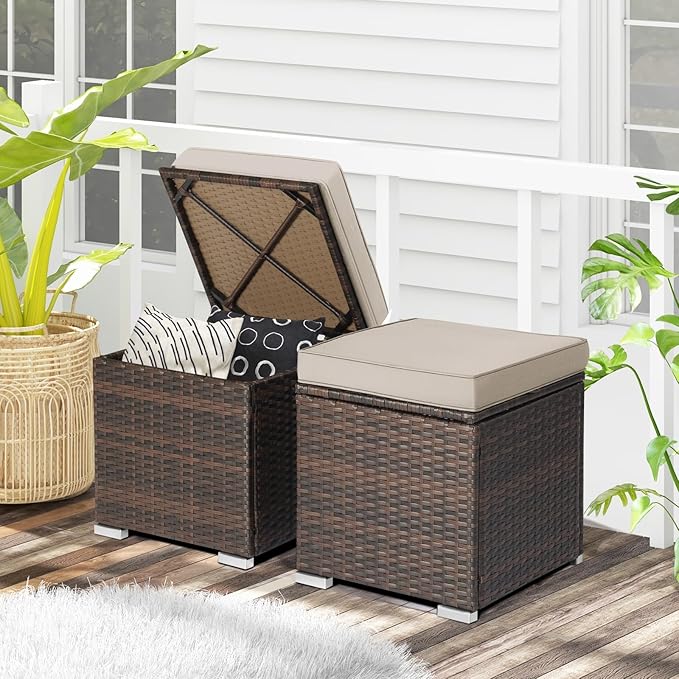RELAX4LIFE Wicker Outdoor Storage Ottoman, 2-Piece Rattan Footstool w/Removable Cushion - Photo 9
