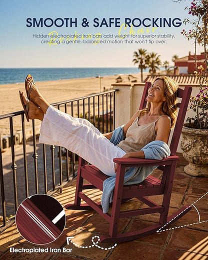 KINGYES Outdoor Rocking Chair, Weather Resistant Patio Rocking Chairs High Back Porch Rocker for Adult, Dark Red