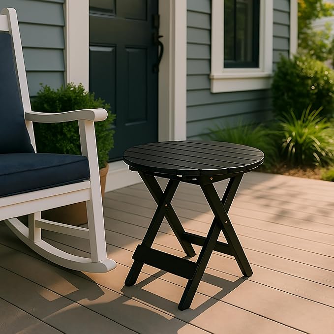 Shine Company Indoor/Outdoor Adirondack Round Folding Acacia Wooden Side Table, Black